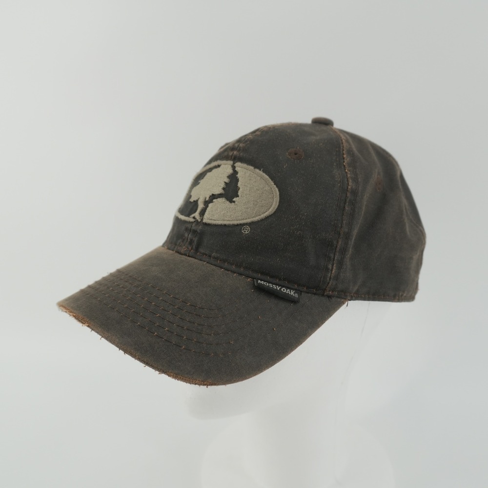 Mossy Oak Hat Mens OSFA Brown Distressed Logo Oil Cloth Style Baseball Cap